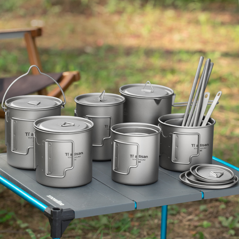 Camping Cooking Mug - Tiartisan ao ar livre titânio leve